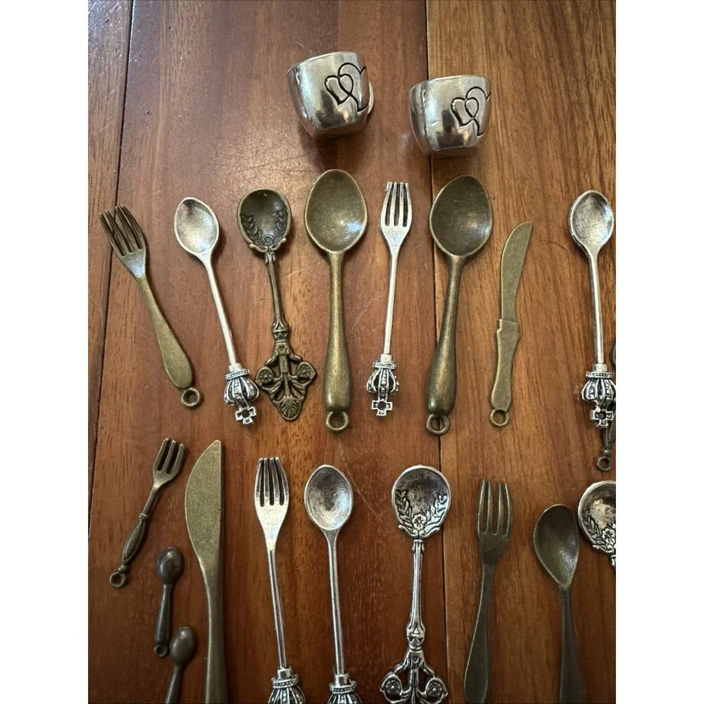 Tiny Silverware Teacup Charms Mixed Metals Fork Spoon Knife Ladle 22 Charms